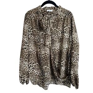 Pleione Animal Print Brown Beige Long Sleeve Surplice Size L Top Tie V-Neck Top